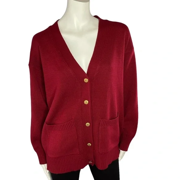 Vintage Oversized Slouchy Knit V Neck Cardigan Sweater Academia Burgandy Red - Picture 4 of 13